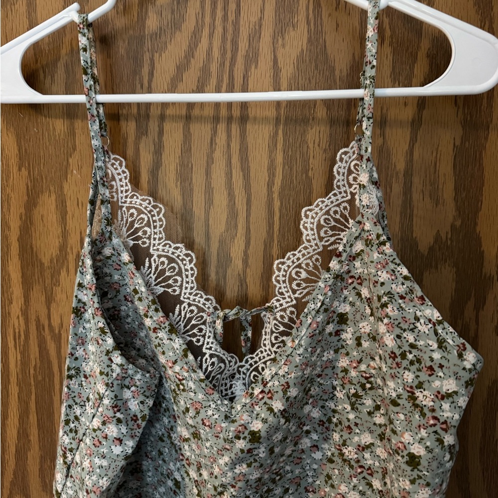 SHEIN Sage Green Floral Lace-Trim Cami, 0XL- NWOT!